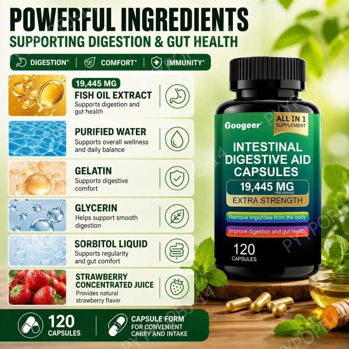 Googeer Intestinal Digestive Aid Capsules Fischölextrakt unterstützt die Verdauung und die Darmgesundheit unterstützt die Immunität 120 Kapseln — image 4