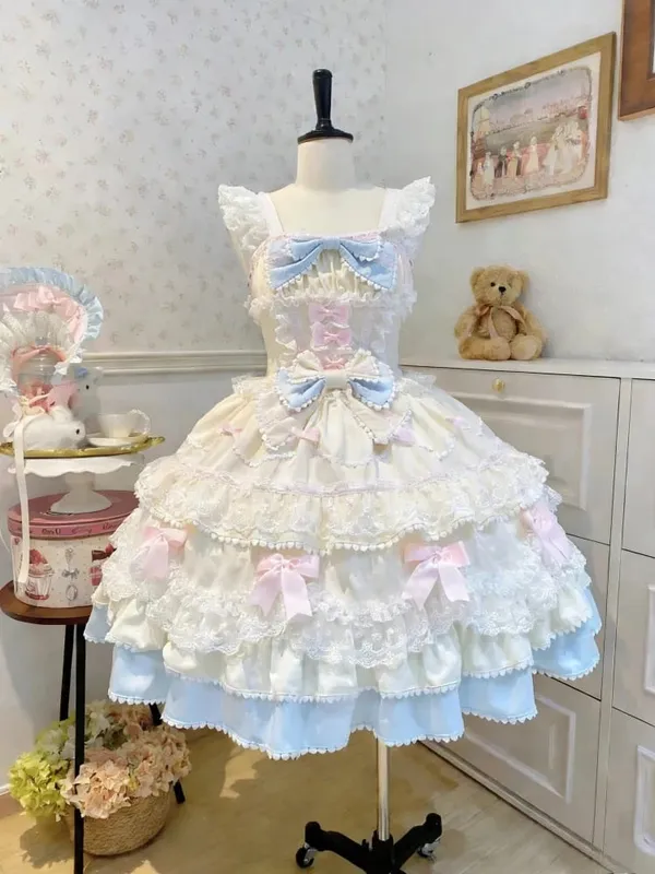 Robe à bretelles Lolita Jks Y2K pour femmes, couleur unie, à volants, nœud en dentelle, Patchwork, princesse Kawaii, robe de bal, longueur aux genoux, fête élégante — image 13