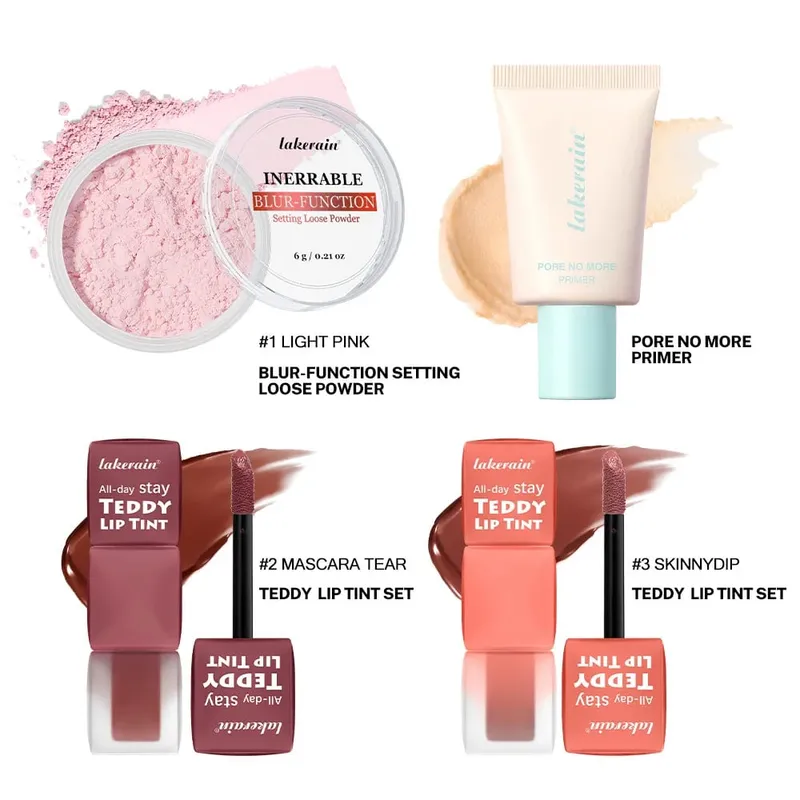 4 teile/satz Pore No More Primer + Lippentönung + Lose Abbindepuder Make-up-Set Matte Langlebige Wasserdichte Wirkung Reise Tragbar — image 5