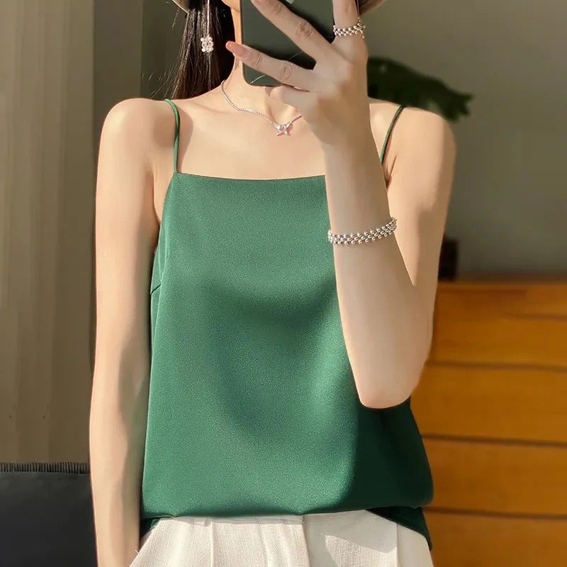 New Ice Silk Sexy Satin Strap Women's Spring/Summer Vest Solid Color Sleeveless Sexy Comfortable Silk Underwear Vest RW-D19