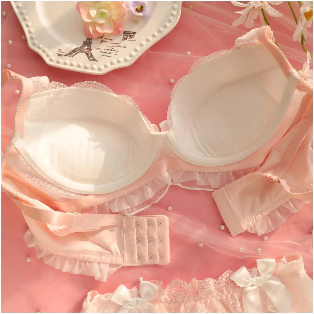 Embroidery thin section ruffled underwear girls sweet and lovely lingerie breifs sets three buckle gathered ladies bra set — image 5