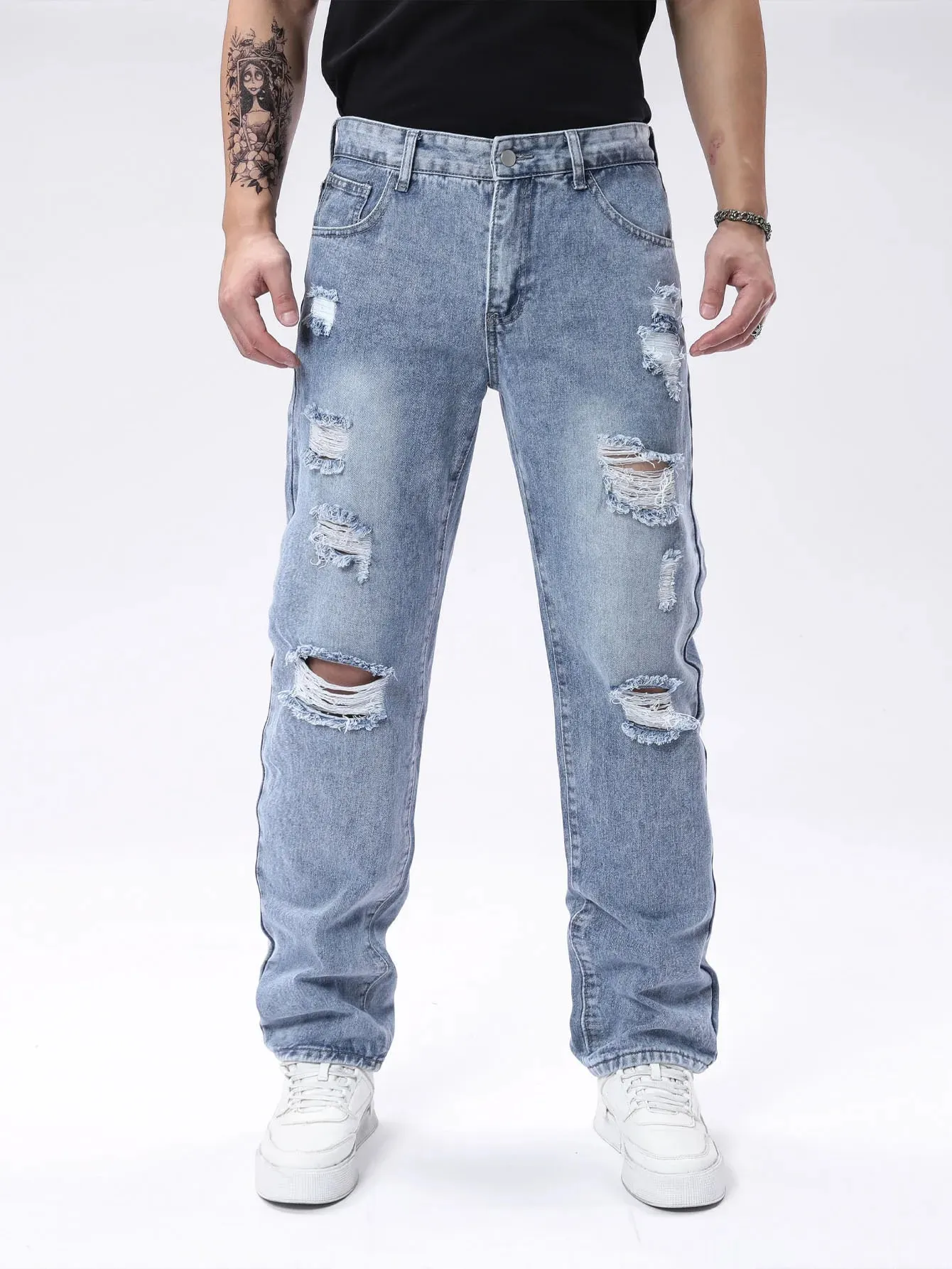 Jean en Denim effiloché déchiré bleu clair pour hommes, jambe droite Non extensible, ample, Baggy, pantalon en détresse, Vintage Y2K Hip Hop Da — image 7