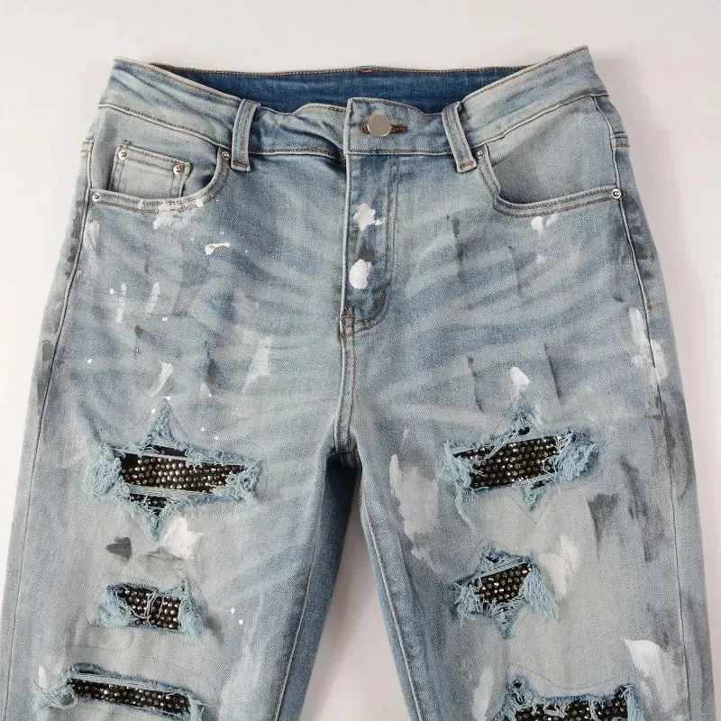 Blue High Street หลุมคริสตัลโปร่งใส Patchwork ยืด Slim Fit Rhinestones แพทช์ Distressed Ripped Graffiti กางเกงยีนส์ผู้ชาย — image 5