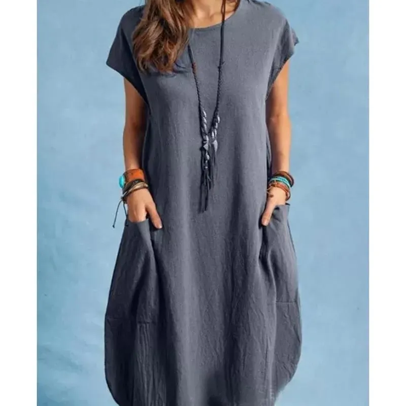 Frühling und Sommer Europa und die Vereinigten Staaten Amazon Stand Alone eBay Baumwolle Leinen Lose Lässige Reine Farbe Taschenkleid Damen — image 2