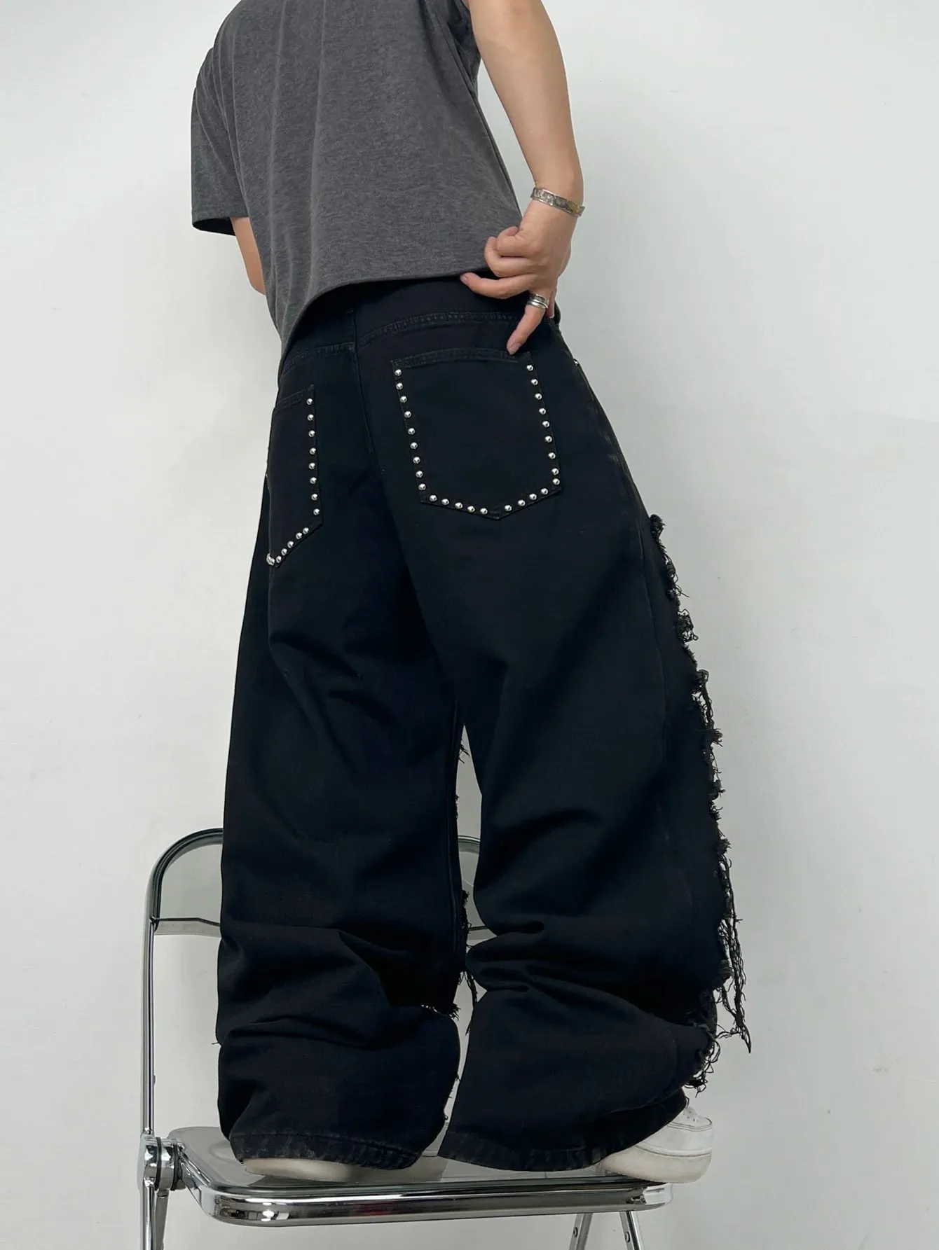 American High Street Hai Lớp Miếng Dán Rách Đính Đá Thiết Kế Nam Màu Đen Quần Jeans Lỏng Lẻo Y2K Đường Phố Hip-Hop Quần Ống Rộng Thời Trang — image 3