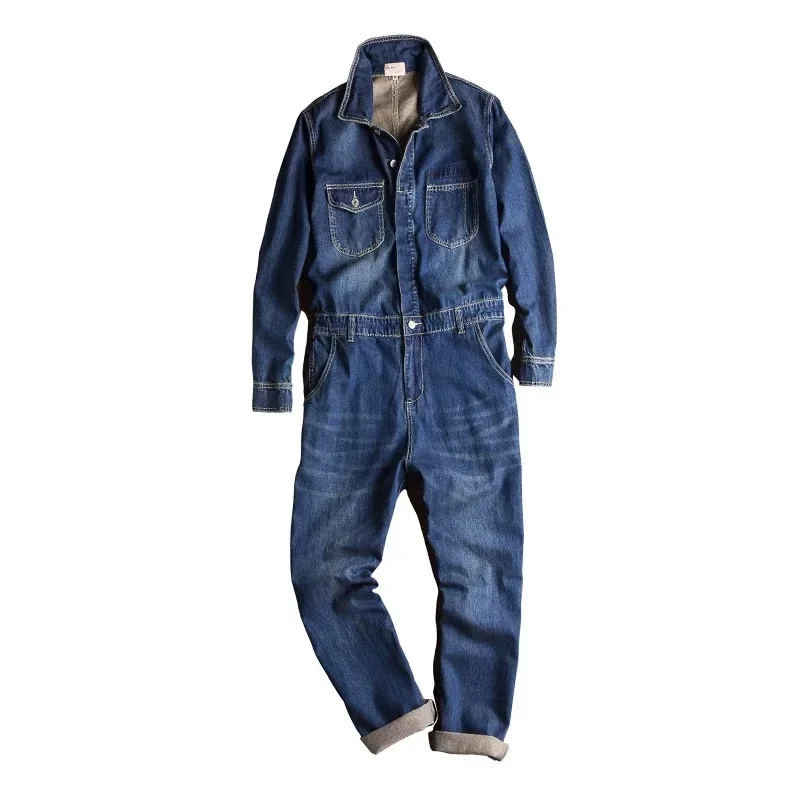 Denim Jumpsuits Loose Pockets Long Sleeve Overalls Lapel Collar Pockets Cargo Jeans for Men — image 3