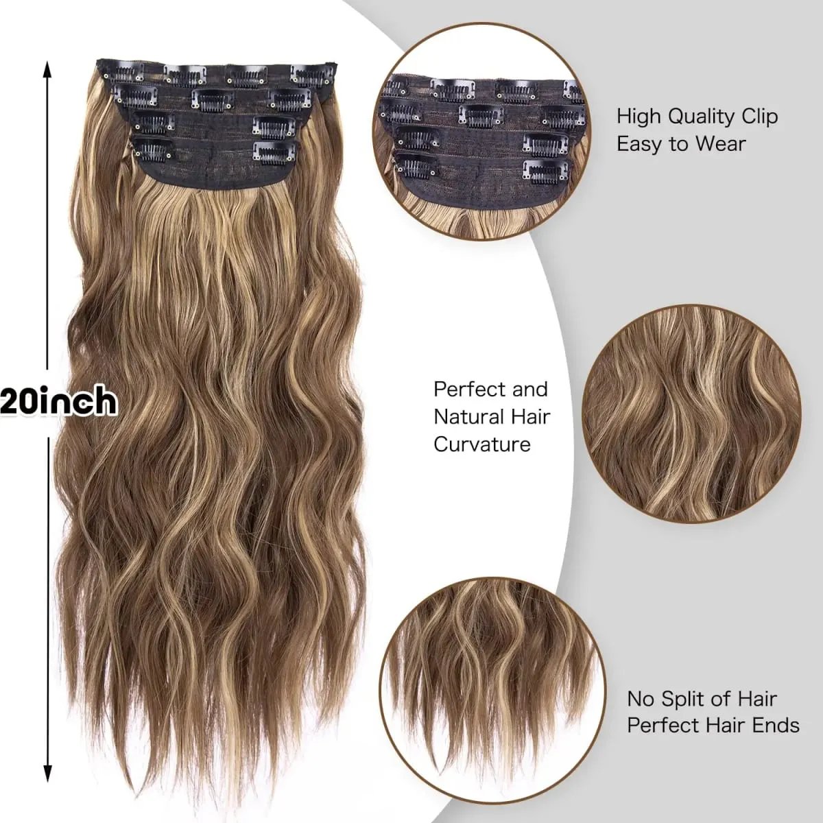 Leeons gewellte Clip-in-Haarverlängerungen, 4 Stück, natürliche, weiche, lange, gewellte Haarteile, dicke Doppelschuss-Clip-in-Haarverlängerungen für Frauen — image 5