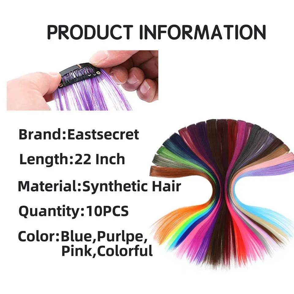 Estensioni dei capelli sintetici da 22 pollici con evidenziazione colorata Arcobaleno Posticci lunghi dritti per donne Bambini Ragazze Viola Rosa Blu — image 3