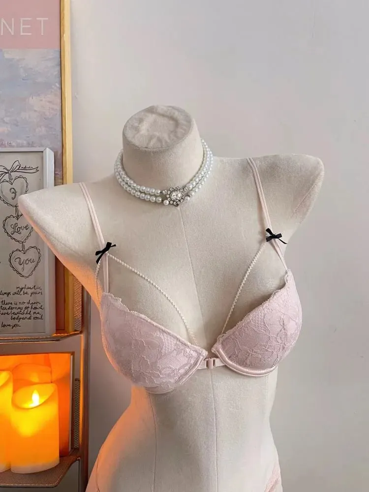Sutiã e conjunto de sutiã com fecho frontal, coquete mínimo, alças finas sem fio, beleza, envoltório lateral, suporte pequeno, busto curvilíneo, luz íntima — image 2
