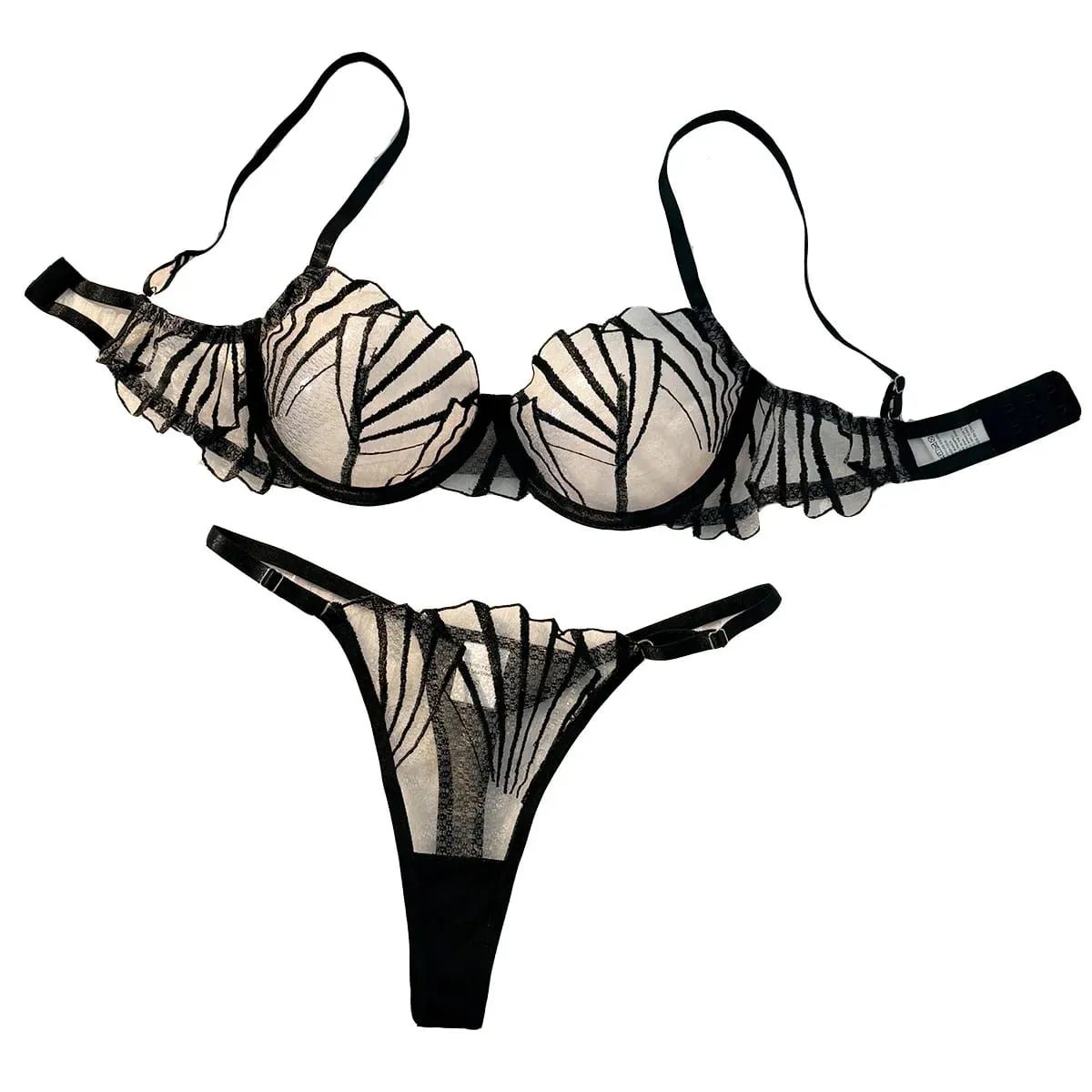 Set Pakaian Dalam Jaring Tipis Sulaman Daun Hitam Bra Berwayar & Seluar Dalam Wanita Seksi Boleh Laras ZA824058 — image 1