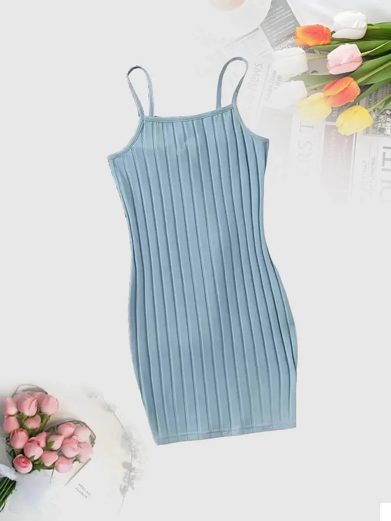 Mini robe côtelée à bretelles Spaghetti pour femmes, sans manches, col carré, Slim, moulante, courte, décontractée, basique, été — image 2