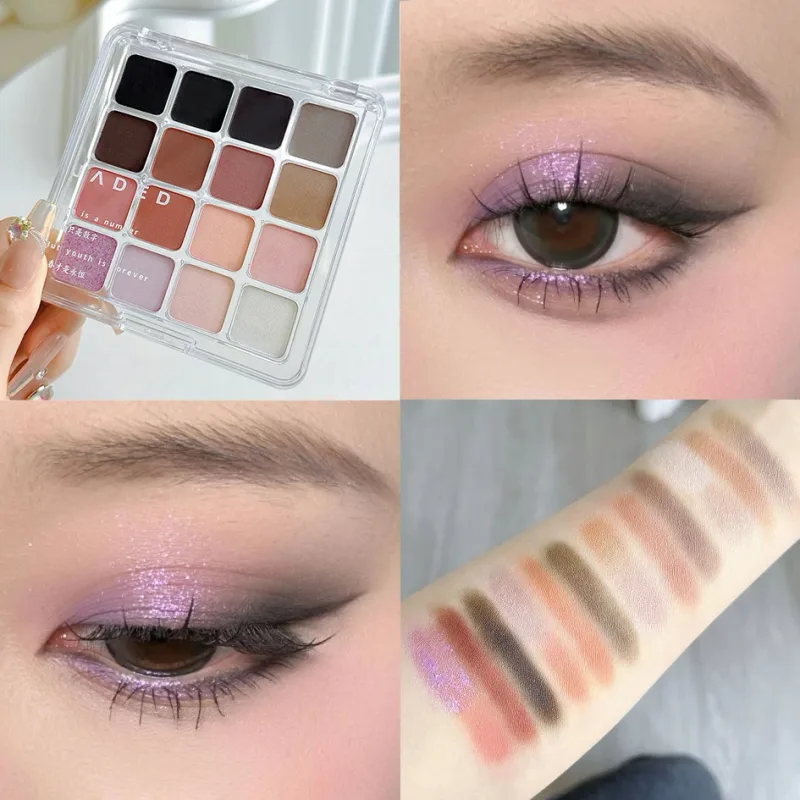 16-Farben-Lidschatten-Palette, matt, niedrige Sättigung, wasserfest, glitzernd, blauer Lidschatten, langlebiges rosa Augen-Make-up, koreanische Kosmetik