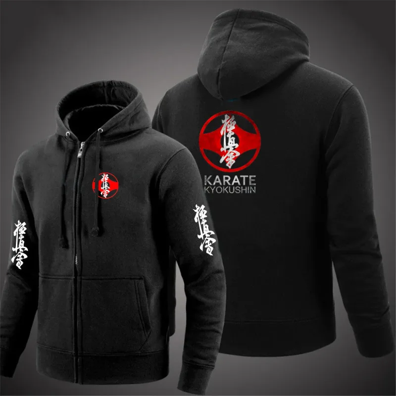 Kyokushin Karate z nadrukiem męska kurtka z kapturem i długim rękawem sznurkiem zapinana na zamek jednokolorowa bluza w stylu Casual odzież