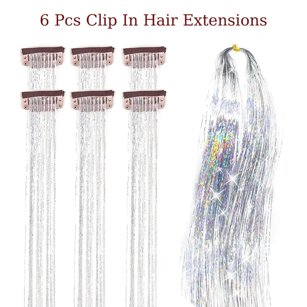 Hair Tinsel Pack Of 6Pcs Clip In Hair Tinsel 20Inch Colorful Glitter Tinsel Hair Extensions Festival Gift Tinsel Fairy Hairpiece — image 5