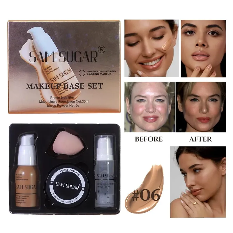 Makeup Base Sæt med 15ml Primer 30ml Matte Foundation 5g Løs Powder Puff For Glat Fejlfri Hud Longwear — image 12