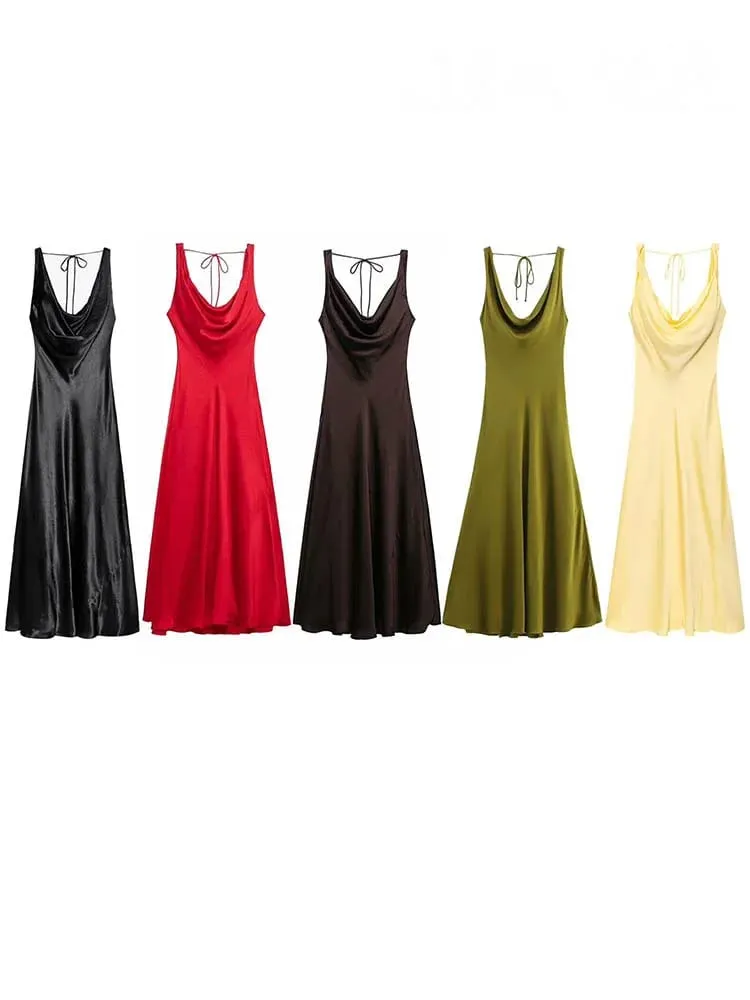 HH Abito longuette da donna in stile vacanza in raso con scollo a V senza schienale Abito estivo femminile elegante con cinturino allacciato — image 4