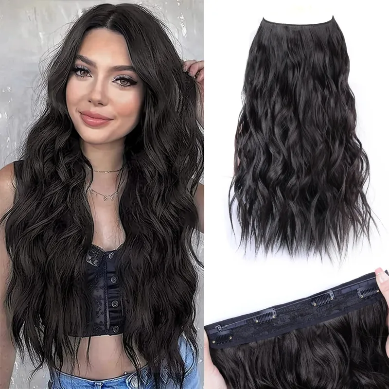 Extensions de cheveux synthétiques à fil Invisible, 4 Clips, ligne de poisson naturelle longue et ondulée, faux postiche une pièce pour femmes — image 8