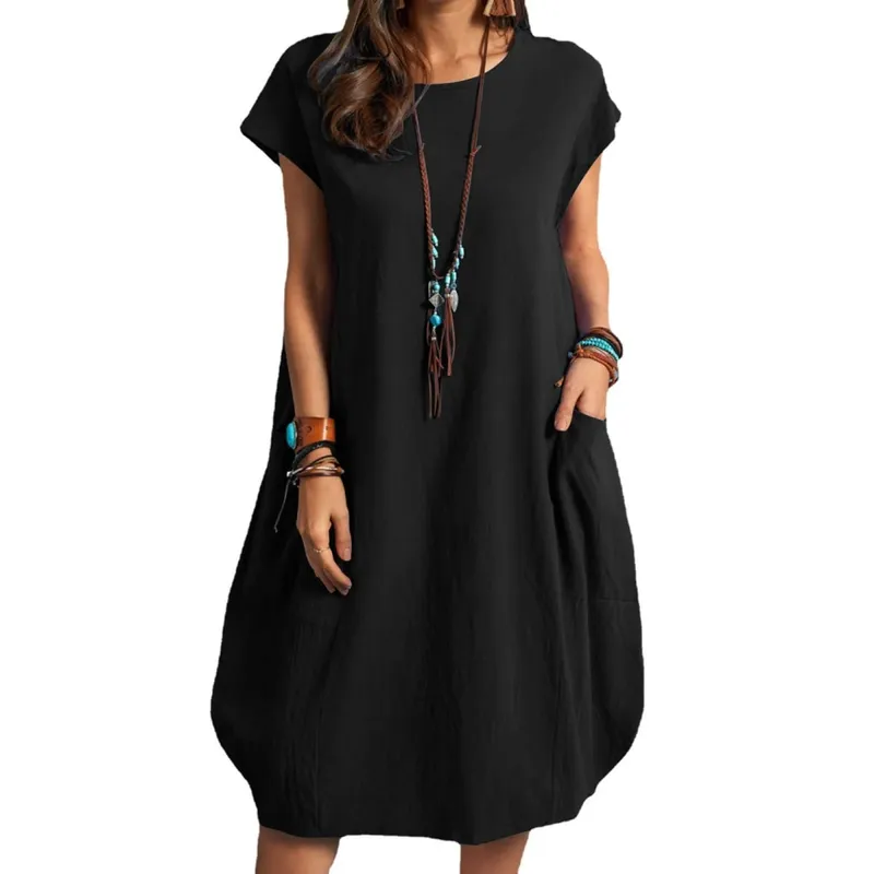 Frühling und Sommer Europa und die Vereinigten Staaten Amazon Stand Alone eBay Baumwolle Leinen Lose Lässige Reine Farbe Taschenkleid Damen — image 5