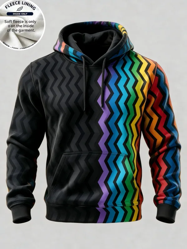 3D Printed Fleece Hoodie Rainbow Zigzag Wave Pattern Pullover Long Sleeve Kangaroo Pocket Casual Sweatshirt Tops — image 6