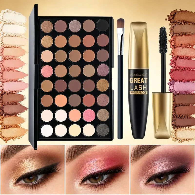 3pcs Set Solek untuk 40 Warna Palet Pembayang Mata Pelangi+Maskara Hitam dengan 1pc Berus 3 Dalam 1 Kit Solek Untuk Pesta Harian Harian
