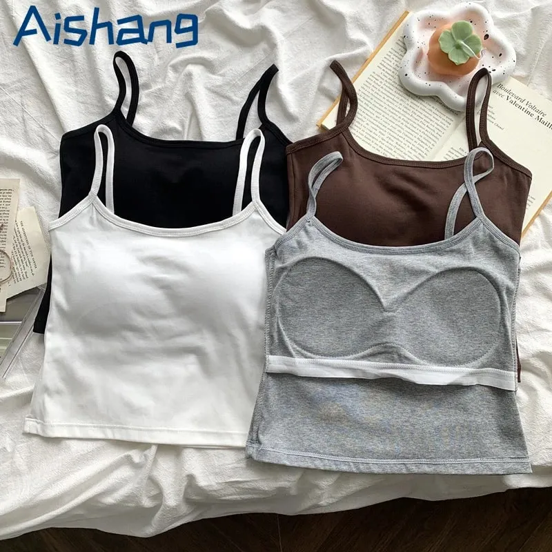 ผู้หญิงสีทึบสายรัดแขนกุด Slim Camisole พร้อมแผ่นหน้าอกสบาย Daily TOP Travel ภายในกีฬาผ้าฝ้ายเสื้อกั๊ก — image 2