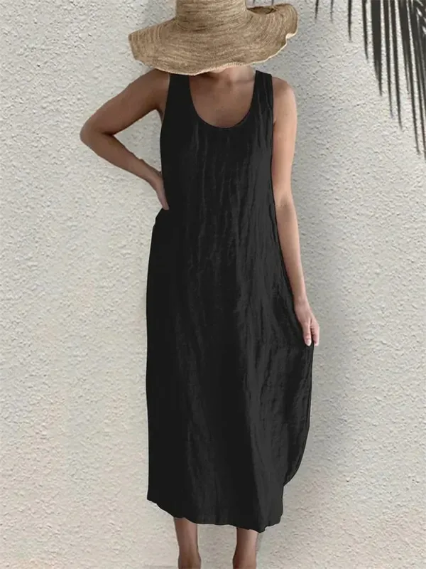 Robe en coton et lin pour femmes, confortable et décontractée, couleur unie, poches latérales, col rond, pull sans manches, été, 2026 — image 3