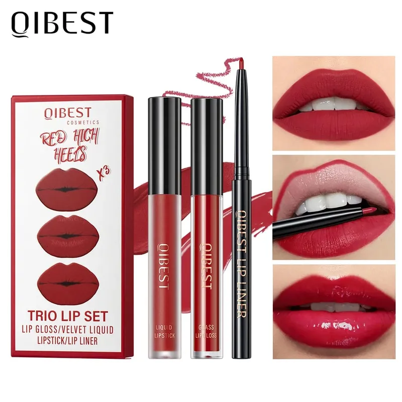 Lipstik Cair Matte & Lip Liner & Lip Gloss 3 Buah Set Kit Kosmetik Pewarna Bibir Merah Hitam Ungu Tahan Lama Anti Lengket — image 1