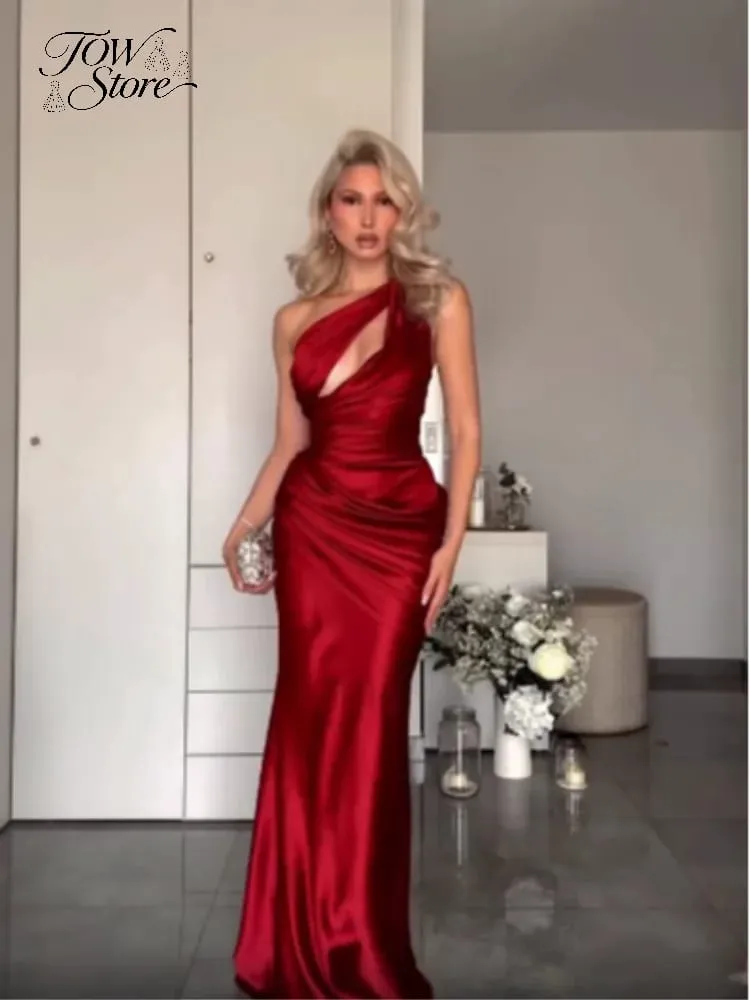 Elegant Solid Ruched Satin Maxi Dress Women One-shoulder Sleeveless Slim Fit Flowy Dresses 2026 Lady Summer Evening Vestidos — image 1