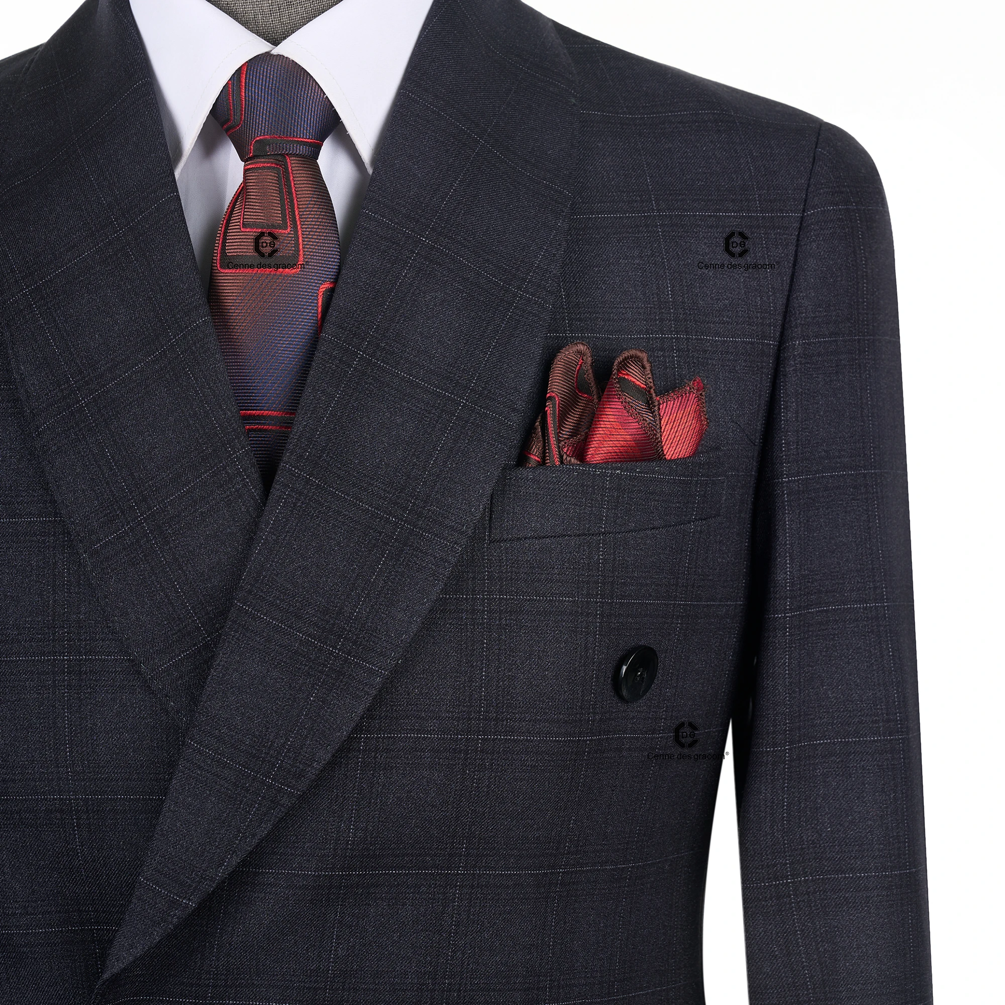 Cenne Des Graoom 2026 Dark Grey Plaid Double Breasted Men Suits With Shawl Collar Tailor-Made For Meeting Office Wear Wedding — image 3