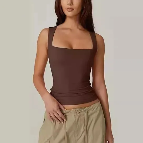 2026 Summer Damer fyrkantig hals ärmlös dubbellager linne Basic Tight T-shirt Y2k Goth Linne Dam Crop Tops — image 10