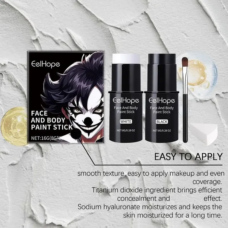 Fond de teint Clown coloré, imperméable, longue durée, accessoires de maquillage festifs d'halloween, Kit de peinture pour le visage et le corps, noir et blanc — image 3