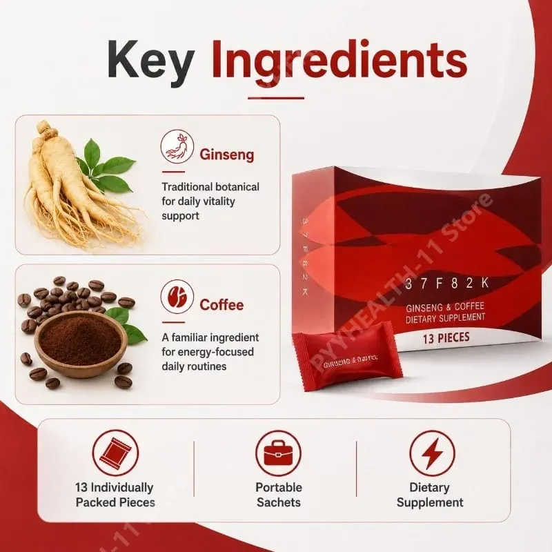 Ginseng Enerji Kahve Destek Poşetleri 13 Paket Günlük Odaklanma için Bitkisel Canlılık Takviyesi Doğal Dayanıklılık Desteği Taşınabilir Kullanım