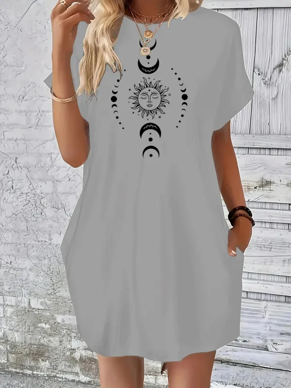 Damen-Sommerkleid mit lockerem Sonne-Mond-Planeten-Muster, bedruckt, Rundhalsausschnitt, kurze Ärmel, Tasche, bequemes, lässiges Kleid in Übergröße — image 10