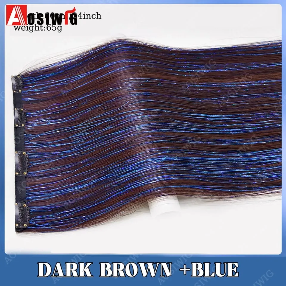 Blaue Glitzer-Lametta-Clip-in-Haarverlängerungen, einteiliges, glattes synthetisches Haarteil mit glitzernden Strähnen für Frauen, Partys und den Alltag — image 9