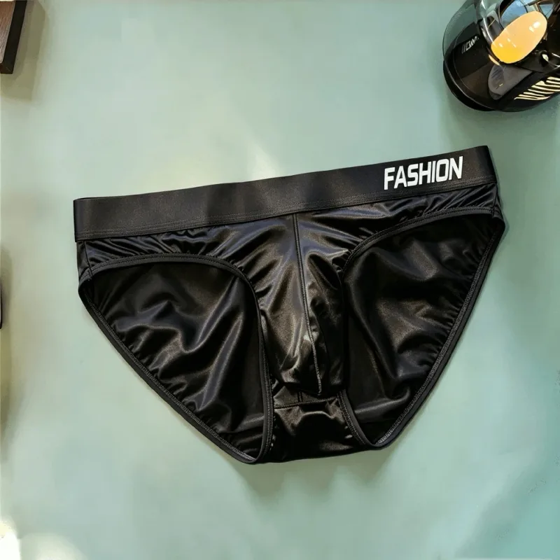 Men Glossy Satin-like Smooth Brief Ice-Silk Hip Wrap LargePouch Satin Silky Briefs Low Waist Gradient Letter Glossy Underwear — image 4