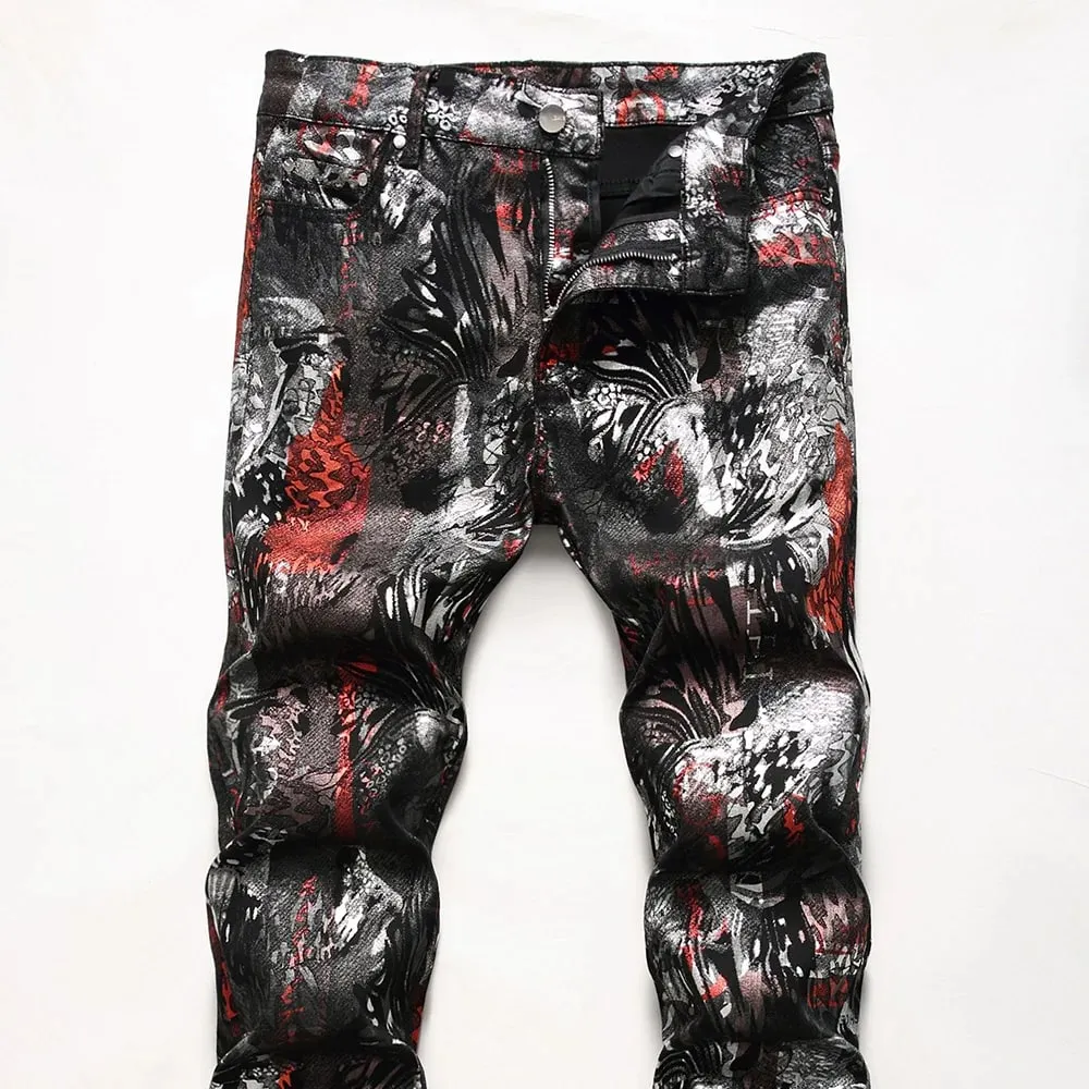 Jeans in denim rivestiti da uomo Pantaloni stampati con motivo astratto leopardato shinny Pantaloni slim affusolati — image 3