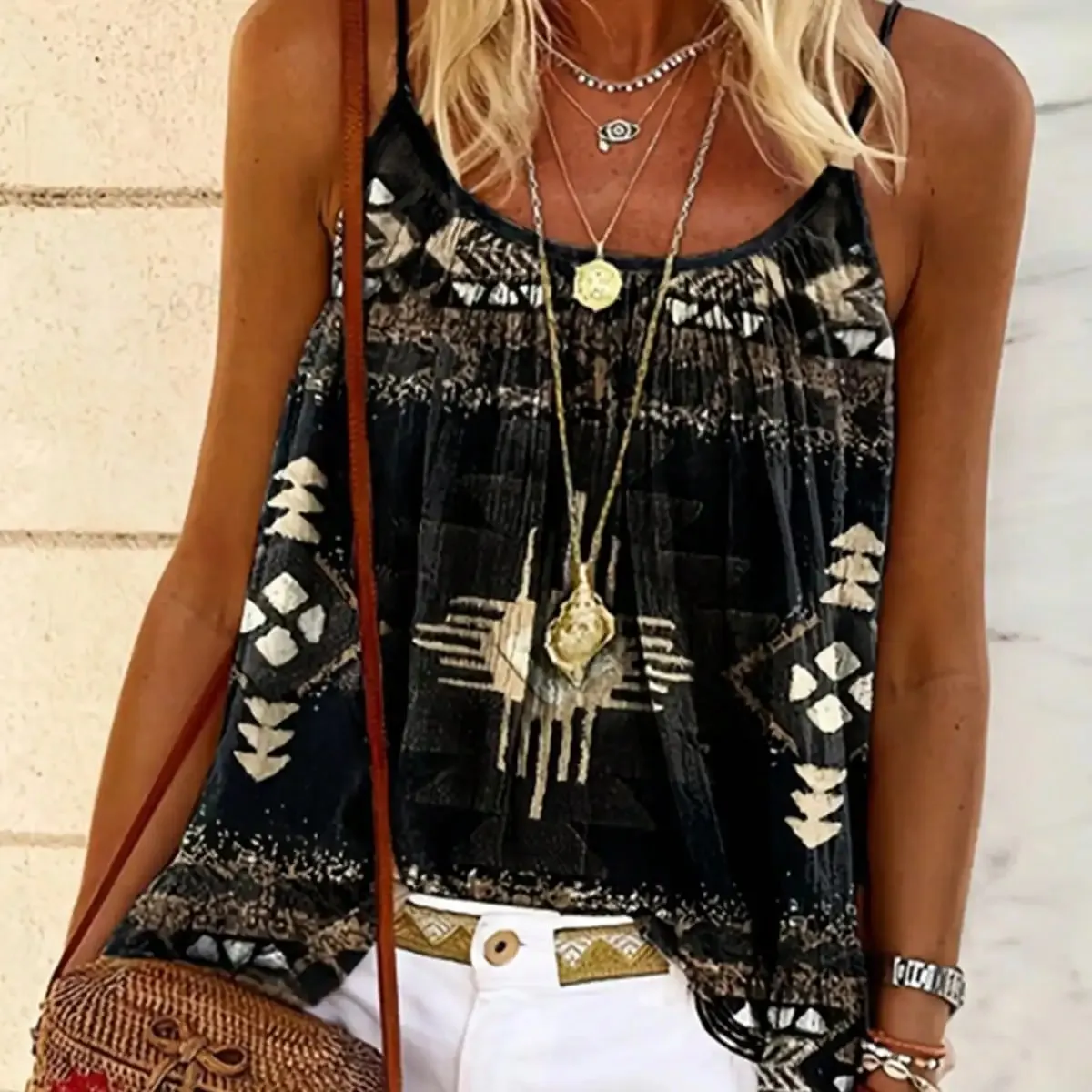 Womens Boho Print Spaghetti Strap Cami Top Loose Fit Summer Casual Tank Black And Gold Tribal Pattern — image 6