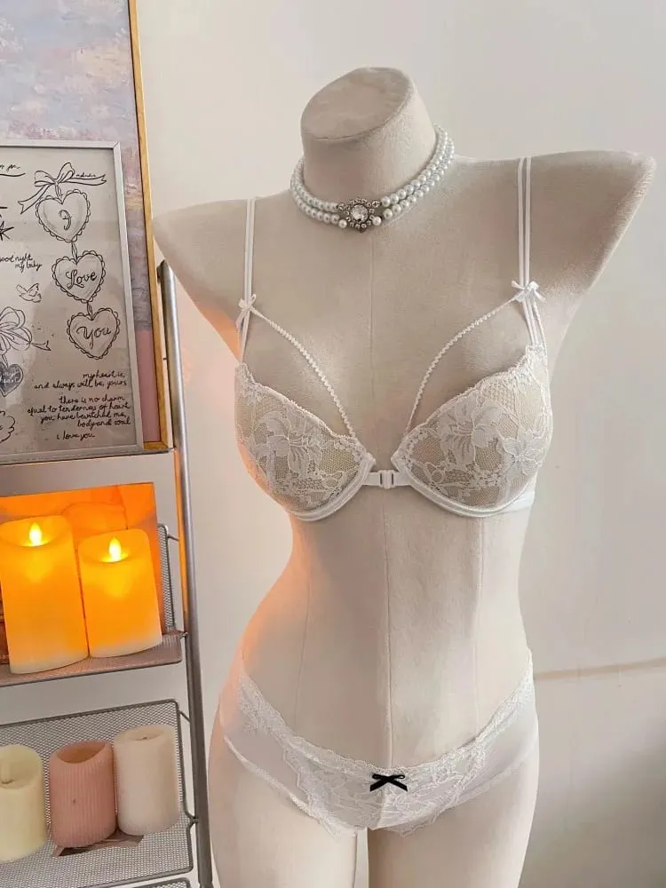 Sutiã e conjunto de sutiã com fecho frontal, coquete mínimo, alças finas sem fio, beleza, envoltório lateral, suporte pequeno, busto curvilíneo, luz íntima — image 3