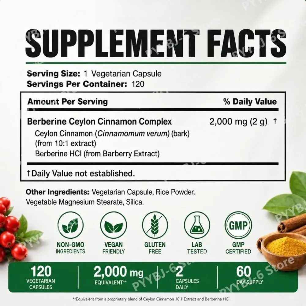 Berberyna Ceylon Cynamon Kompleks 2000 mg Kapsułki wegetariańskie Bez GMO Bezglutenowy codzienny suplement odnowy biologicznej dla dorosłych 120 sztuk — image 3