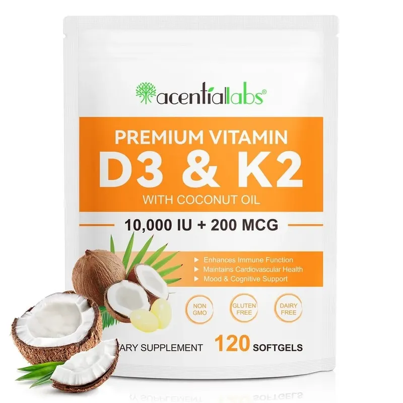 AcentiaLabs Vitamin D3 & K2 Softgels dengan Fungsi Kekebalan Minyak Kelapa dan Dukungan Tulang Bebas Gluten Non-GMO 120 Softgels