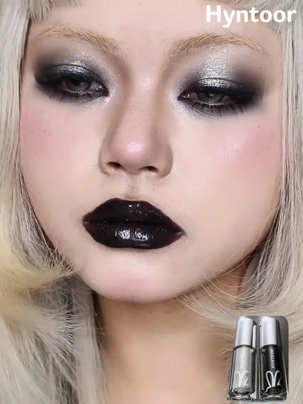 Hyntoor Black Lipgloss Glitter Gothic Gincu Set Dwi Warna Perak Matte Berkhasiat Dark Satin Metalic Kesan Berasap Harian — image 1