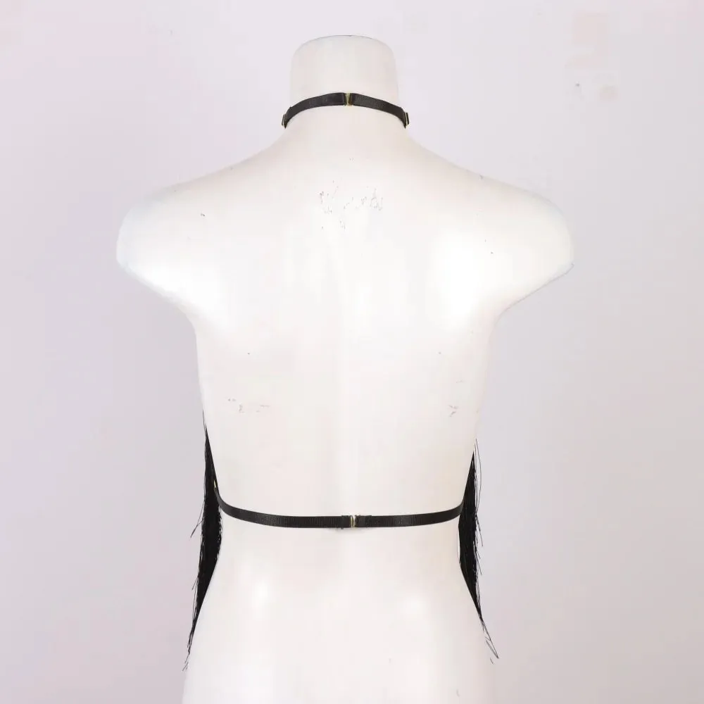 Haut à licou noir à pampilles pour femmes, harnais élastique réglable, vêtements toutes saisons, tenue décontractée, haut avec détails à pampilles — image 6