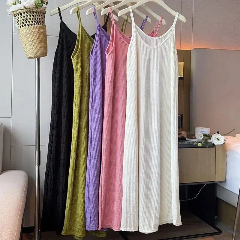 ผู้หญิงสปาเก็ตตี้ชุดสาย 2026 ฤดูร้อนสีทึบหลวม Long Beach Sundress Lasy Elegant ชุดราตรี Midi Dresses — image 6