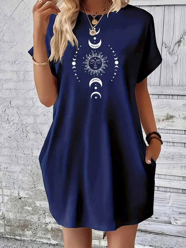 Damen-Sommerkleid mit lockerem Sonne-Mond-Planeten-Muster, bedruckt, Rundhalsausschnitt, kurze Ärmel, Tasche, bequemes, lässiges Kleid in Übergröße — image 7