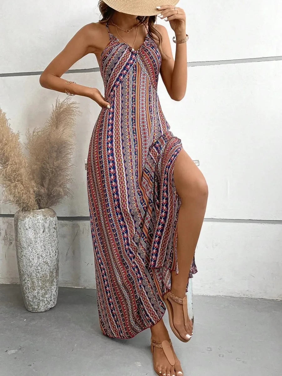 Abito estivo da donna con motivo etnico, spacco sulla coscia, abiti estivi da donna, abito lungo con volant alla moda Boho per la spiaggia — image 4