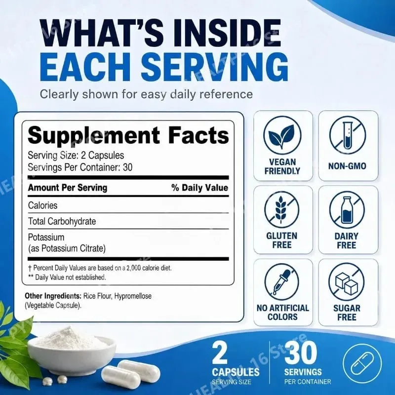 Googeer โพแทสเซียมแคปซูล 1020 Mg ศักยภาพสูงระดับโพแทสเซียมสนับสนุนแร่ธาตุ Intake Gap เติมการดูดซึม 60 แคปซูล — image 2