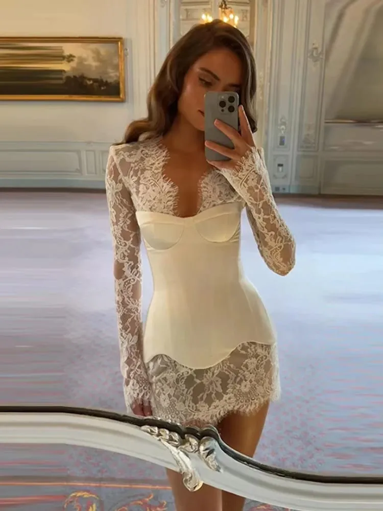 セクシーなレースのパッチワークドレス女性固体 V ネックフィッシュボーンコルセットスリムウエスト長袖ミニドレス 2026 夏の女性のパーティードレス — image 5