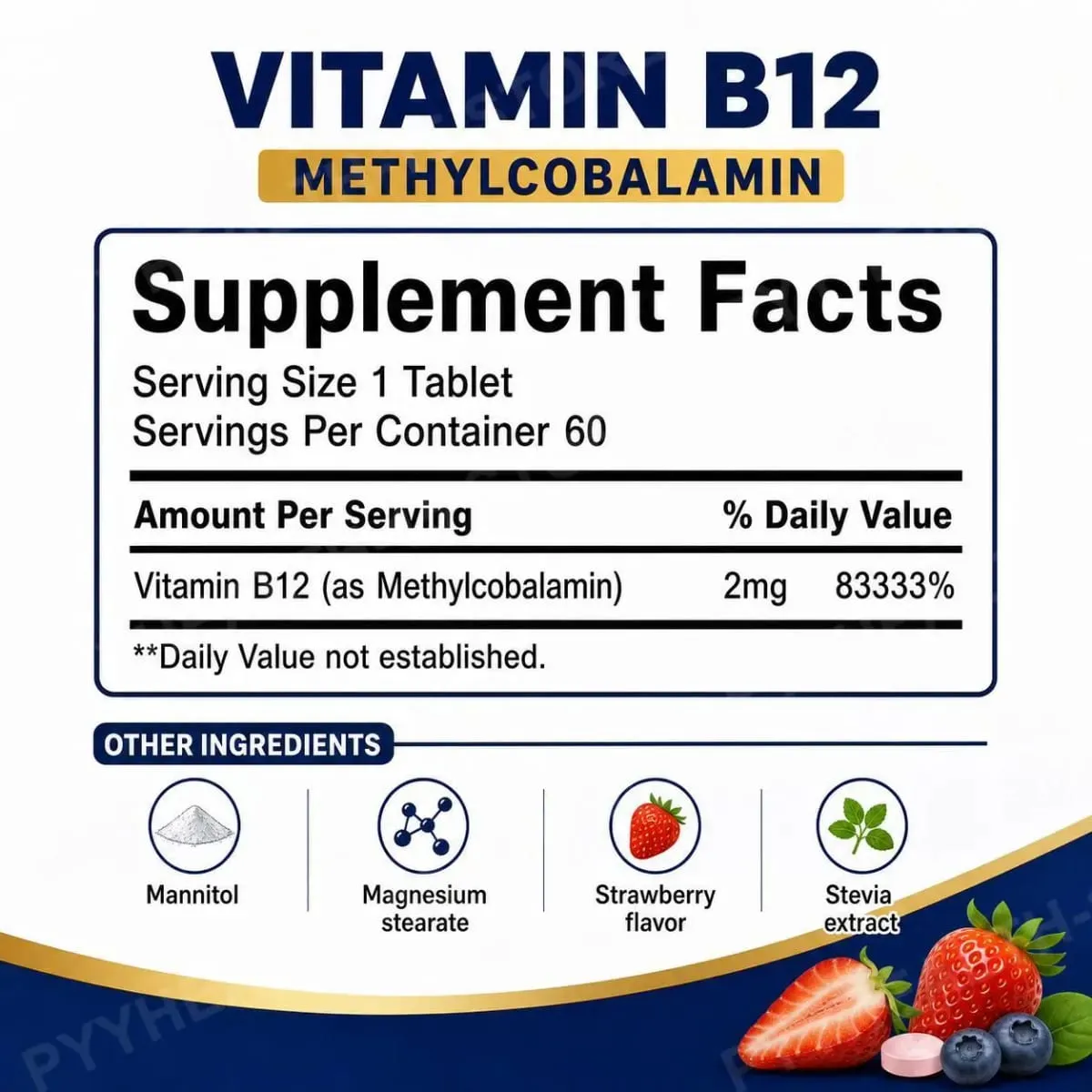 Googeer B12 Methylcobalamin Sublingual Fast Dissolve เม็ดรสสตรอเบอร์รี่สำหรับ Daily Body Comfort Support 60 เม็ด