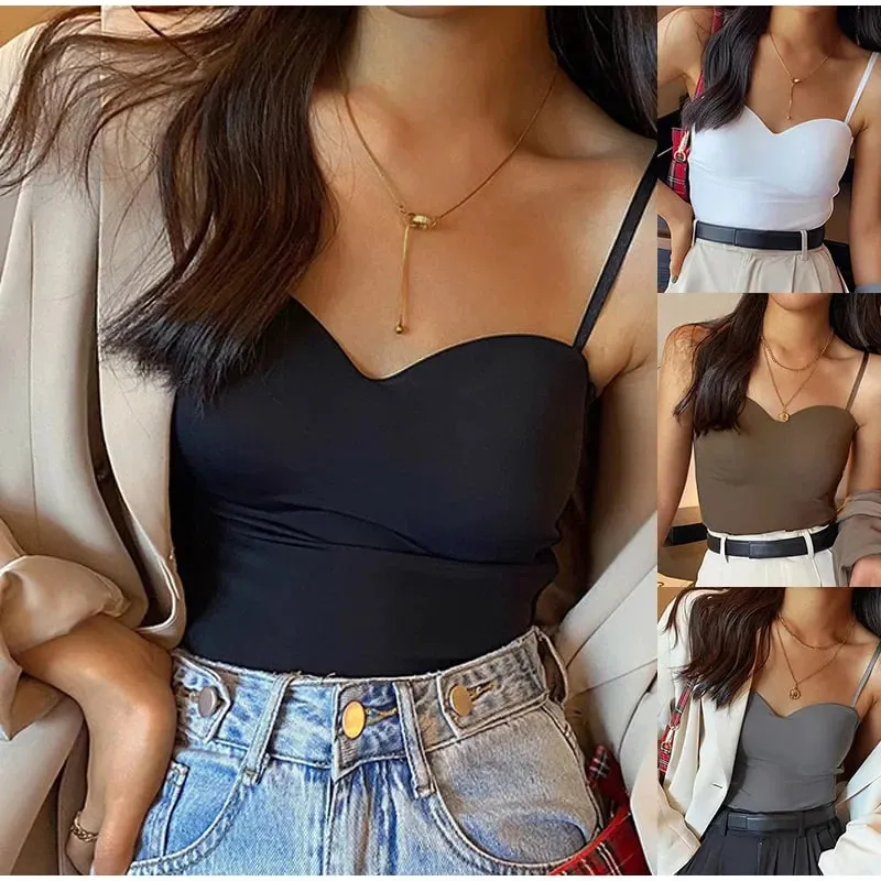 Vest Kamisol Sutera Ais Nipis Wanita Kembali Bersepadu Cawan Tetap Jaket Tanpa Jejak Di Dalam Perlawanan Di Luar Pakai Atasan Gadis Panas Pendek — image 2