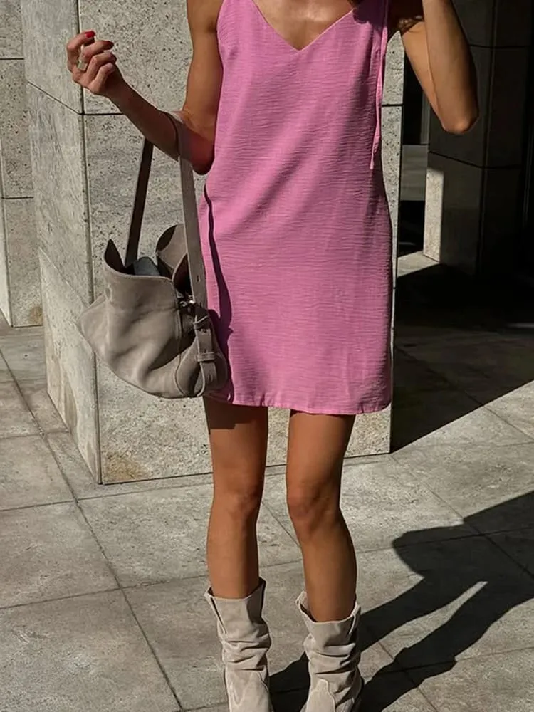 Ahagaga Fashion Women's Dresses Solid Straps Bandage Regular Causal V-Neck Sleeveless Summer Camisole Loose Sweet Femlae Vestido — image 3
